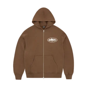 Kapuzenpullover mit Reißverschluss und Insel-Puff-Print [BRAUN]